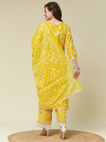 Yellow Floral Print Embroidered Cotton Kurta & Dupatta Set | cotton kurta set for women | backside full view