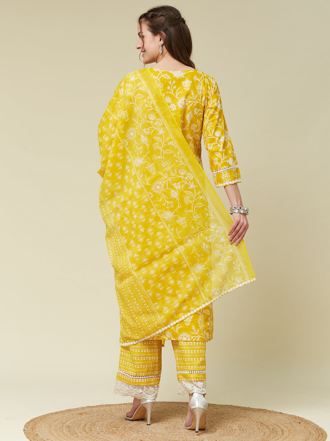 Yellow Floral Print Embroidered Cotton Kurta & Dupatta Set | cotton kurta set for women | backside full view