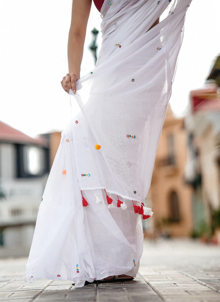 White Mul Cotton Saree Handwork Boho Mirrors