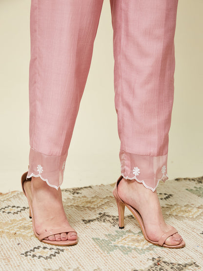 Pink Silk Solid Embroidered Kurta With Dupatta Set