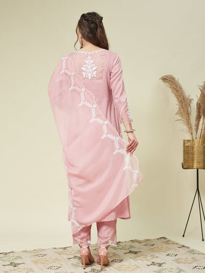 Pink Silk Solid Embroidered Kurta With Dupatta Set