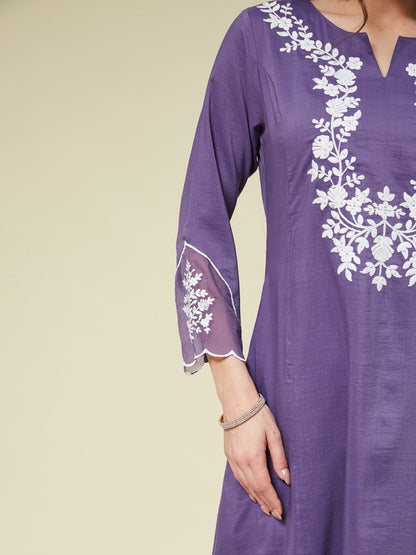 Purple Silk Solid Embroidered Kurta With Dupatta Set