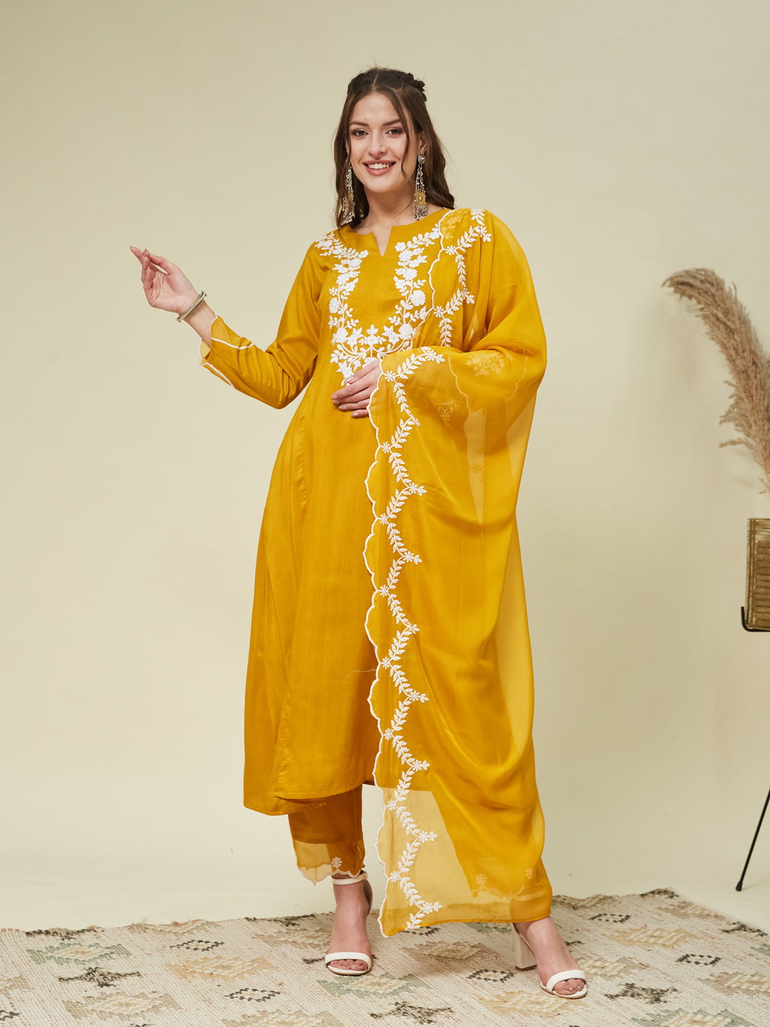 Mustard Silk Solid Embroidered Kurta With Dupatta Set