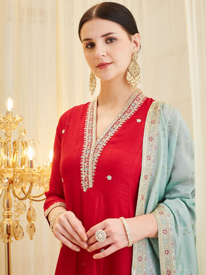 Red Embroidered Ethnic Silk Anarkali Set with Dupatta for Women
