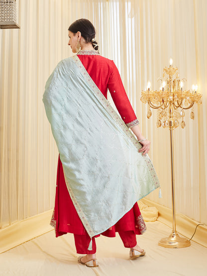 Red Embroidered Ethnic Silk Anarkali Set with Dupatta for Women