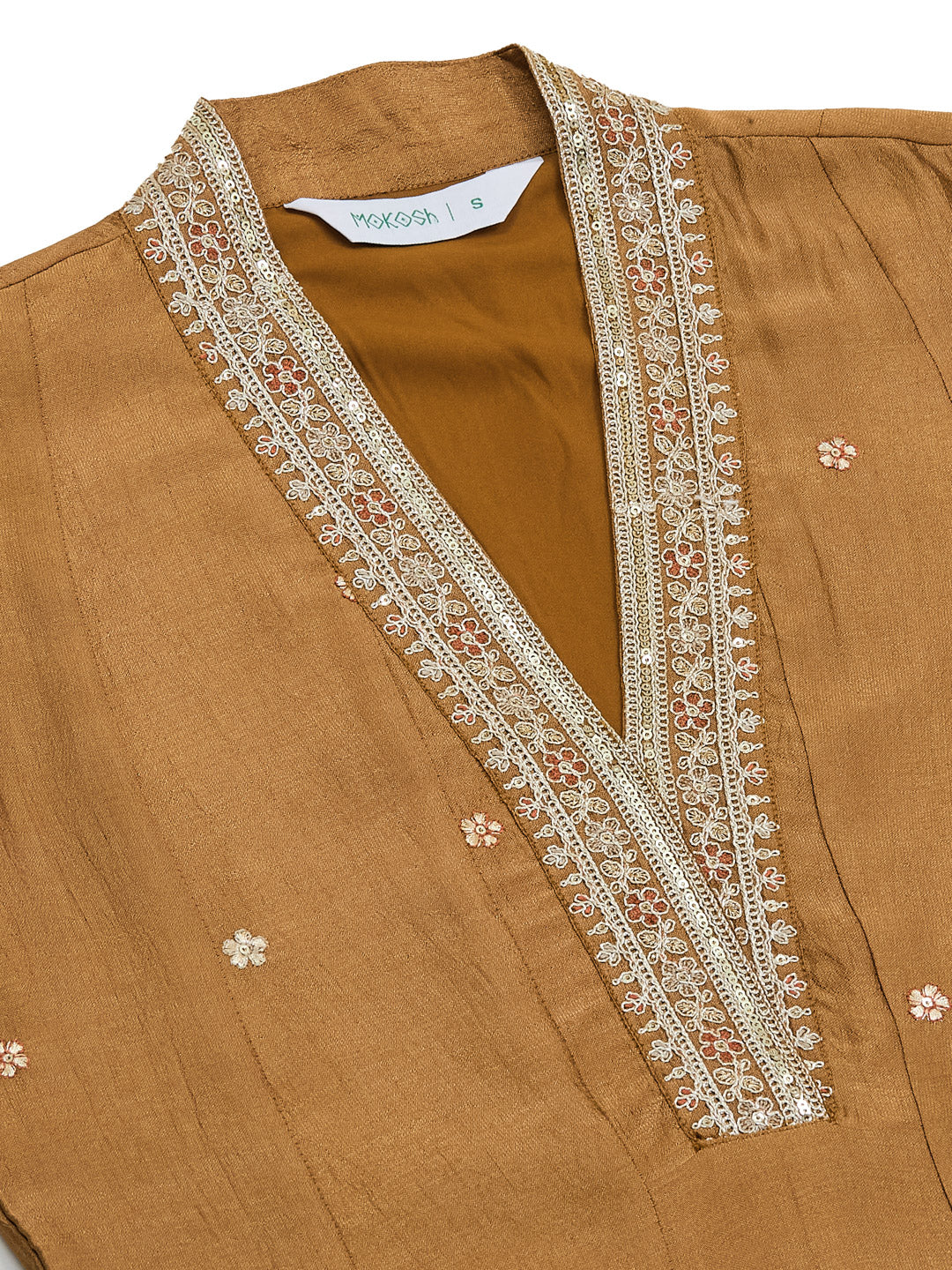 Golden Embroidered Silk Anarkali Suit Set With Dupatta for Women