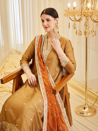 Golden Embroidered Silk Anarkali Suit Set With Dupatta for Women