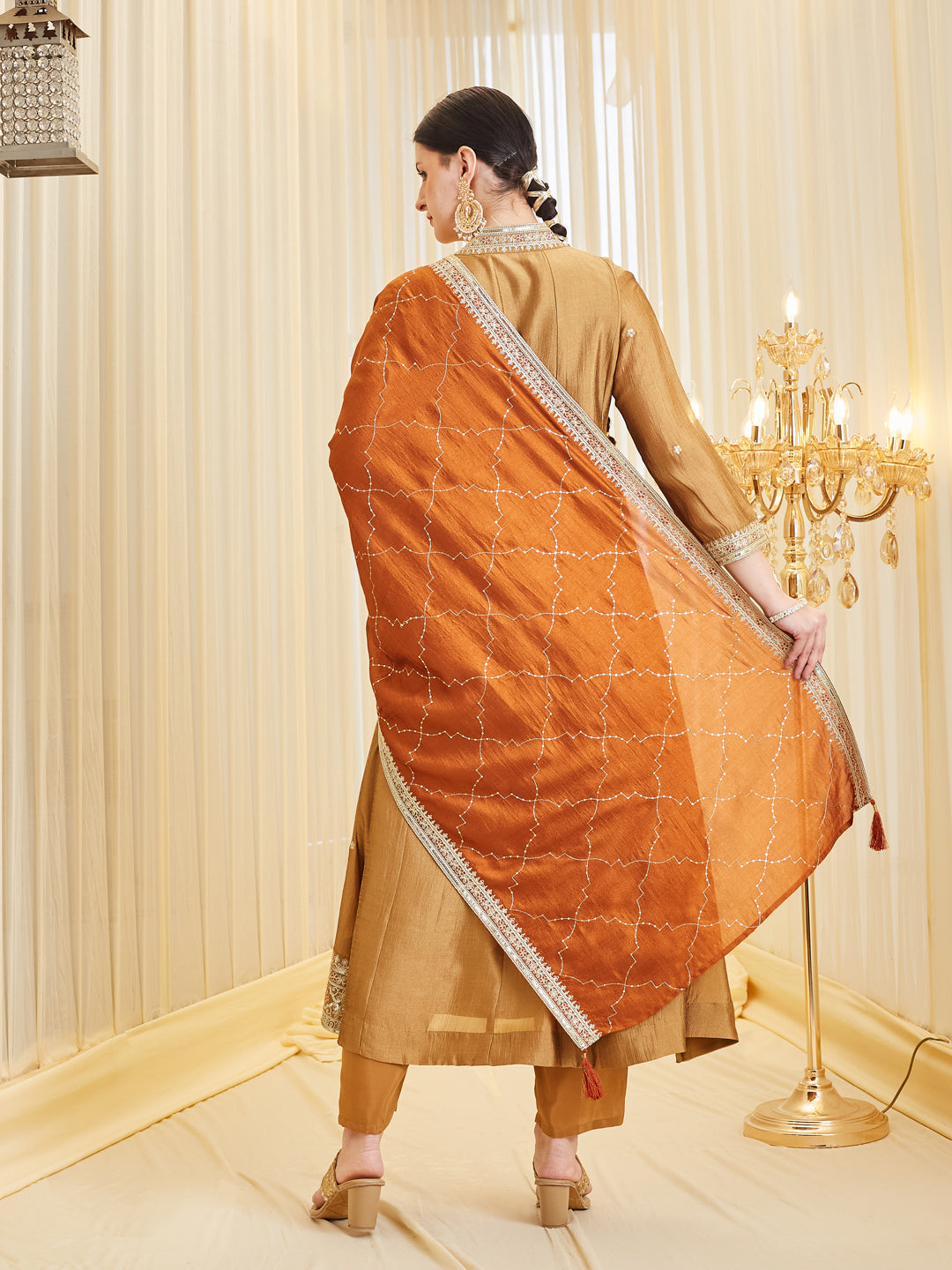 Golden Embroidered Silk Anarkali Suit Set With Dupatta for Women