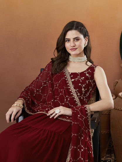 Red Embroidered Tiered Anarkali Kurta with Dupatta set