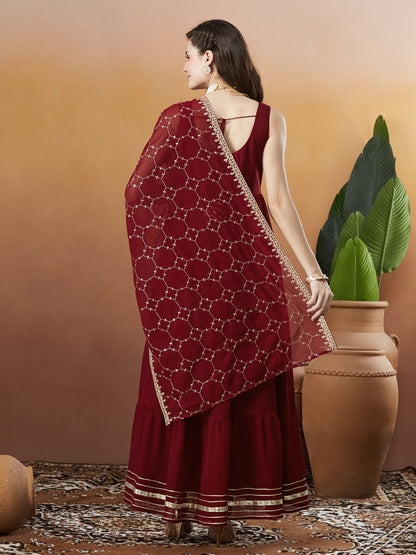 Red Embroidered Tiered Anarkali Kurta with Dupatta set