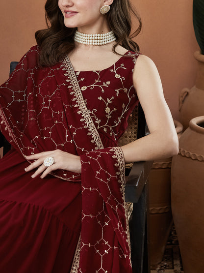 Red Embroidered Tiered Anarkali Kurta with Dupatta set