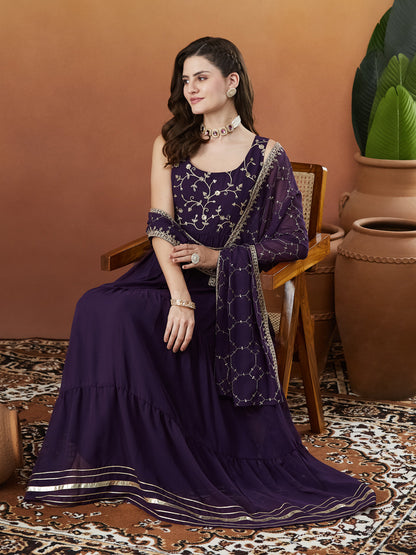 Violet Embroidered Tiered Anarkali Kurta with Dupatta set