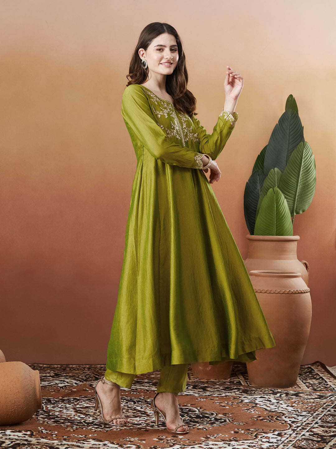 Green Silk Embroidered Anarkali Kurta And Dupatta set | without dupatta image
