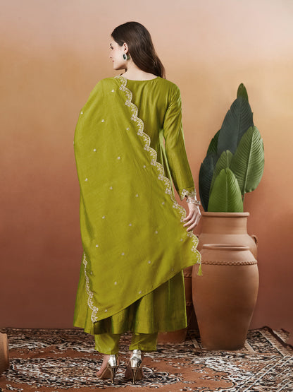 Green Silk Embroidered Anarkali Kurta And Dupatta set | back side image