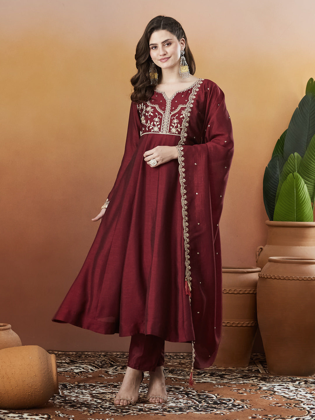 Red Embroidered Silk Anarkali kurta with Dupatta Set