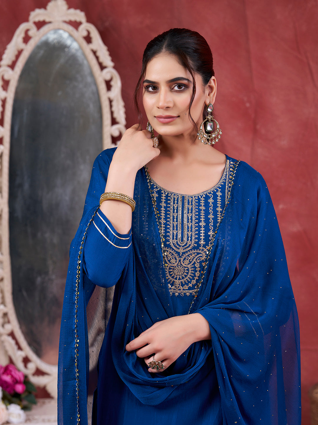 Teal Blue Embroidered Chinon Kurta with Dupatta Set | embroidered kurta set for women | frorntside Half view