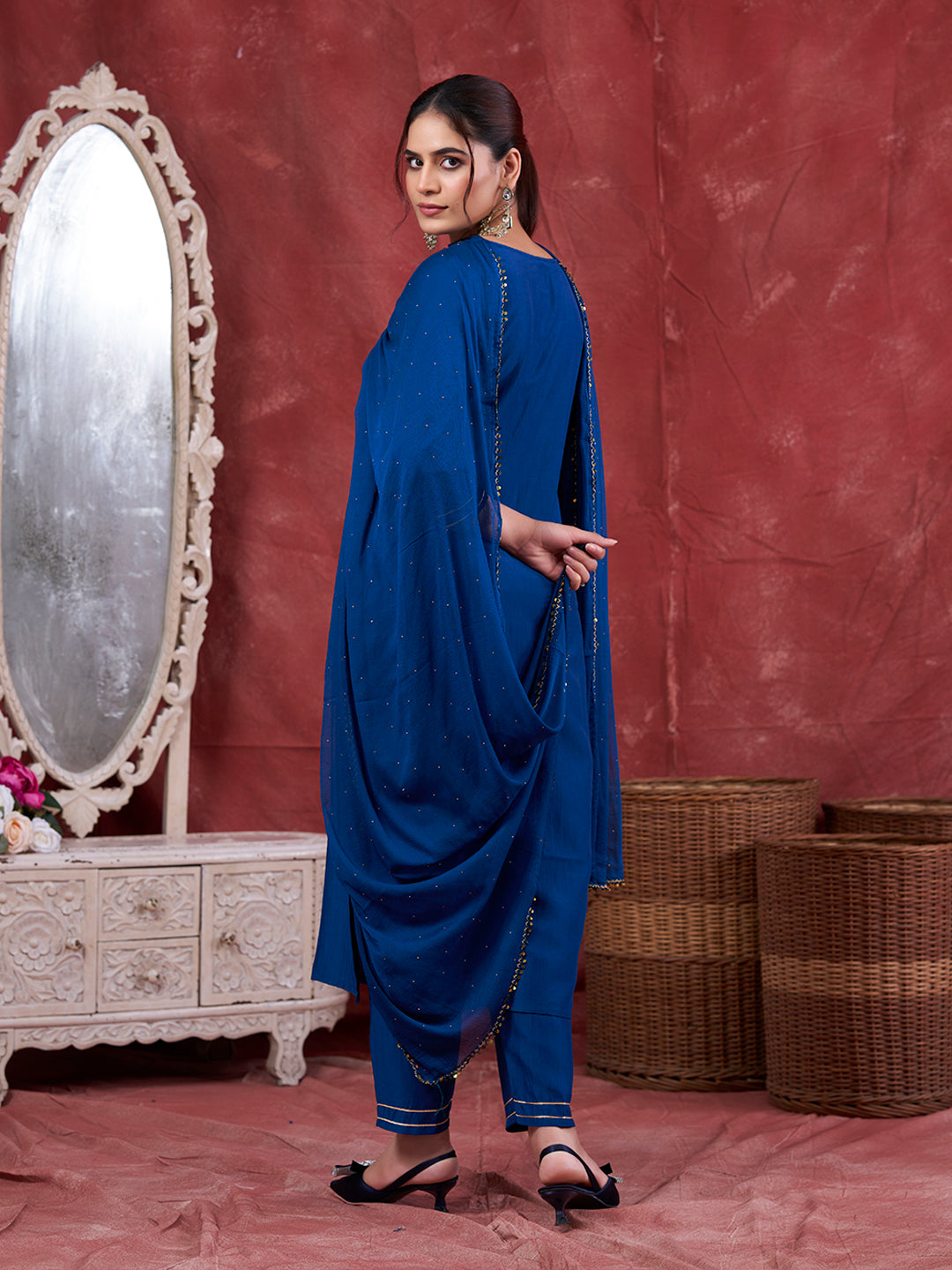 Teal Blue Embroidered Chinon Kurta with Dupatta Set | embroidered kurta set for women | backside full view