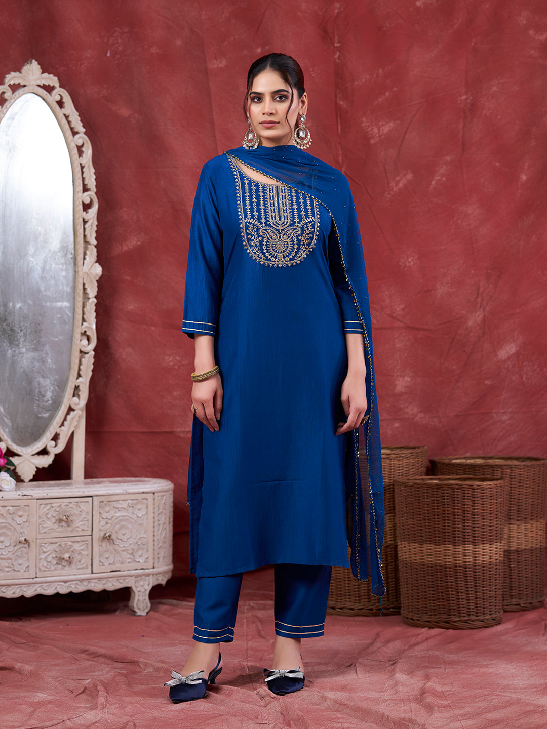 Teal Blue Embroidered Chinon Kurta with Dupatta Set | embroidered kurta set for women | frorntside full view