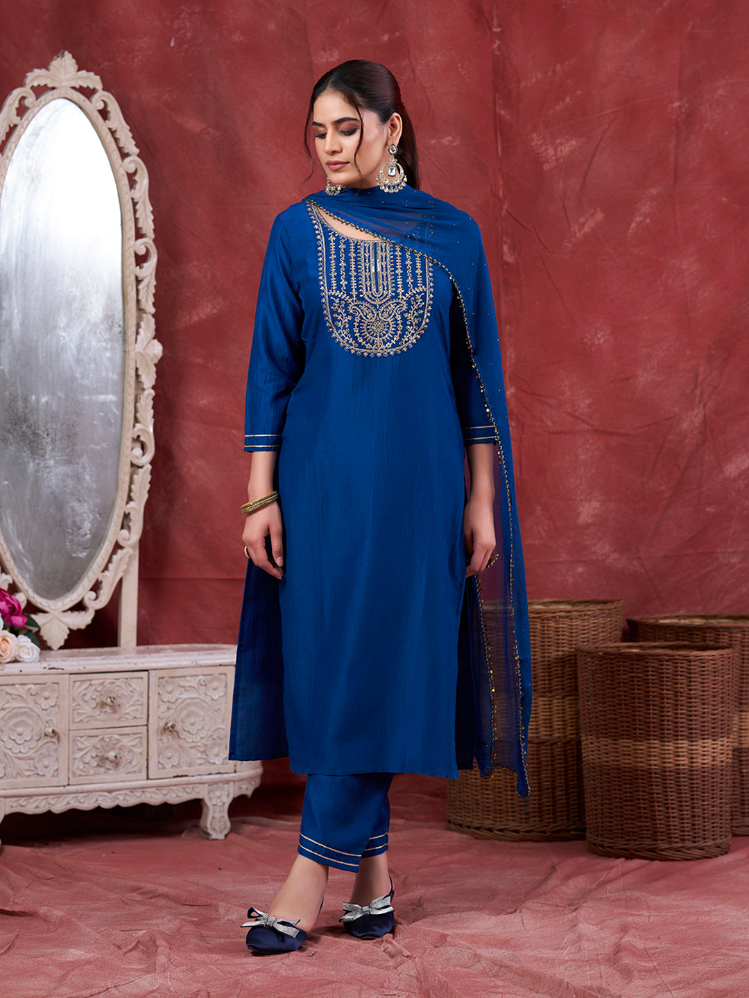 Teal Blue Embroidered Chinon Kurta with Dupatta Set | embroidered kurta set for women | frorntside full view with dupatta view