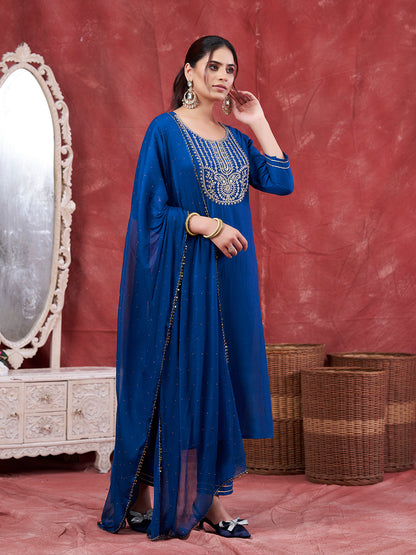 Teal Blue Embroidered Chinon Kurta with Dupatta Set | embroidered kurta set for women | rightside full view