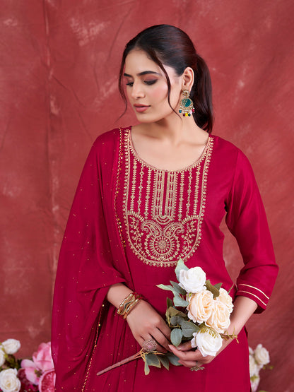 Rani Embroidered Chinon Kurta with Dupatta Set | Embroidered Kurta Set With Dupatta | frontside half view
