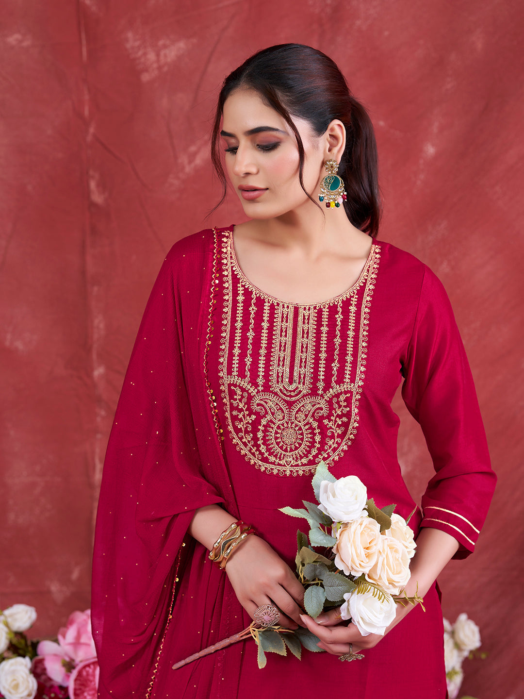 Rani Embroidered Chinon Kurta with Dupatta Set | Embroidered Kurta Set With Dupatta | frontside half view