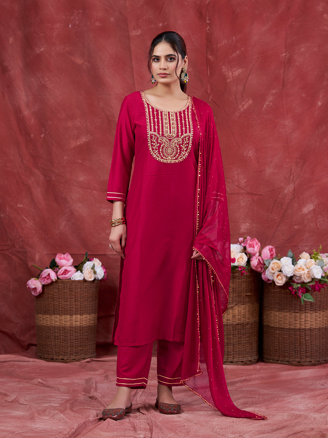 Rani Embroidered Chinon Kurta with Dupatta Set | Embroidered Kurta Set With Dupatta | frontside full view oneside dupatta view