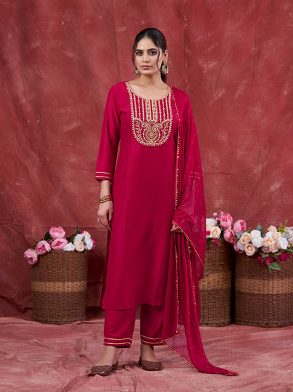 Rani Embroidered Chinon Kurta with Dupatta Set | Embroidered Kurta Set With Dupatta | frontside full view oneside dupatta view