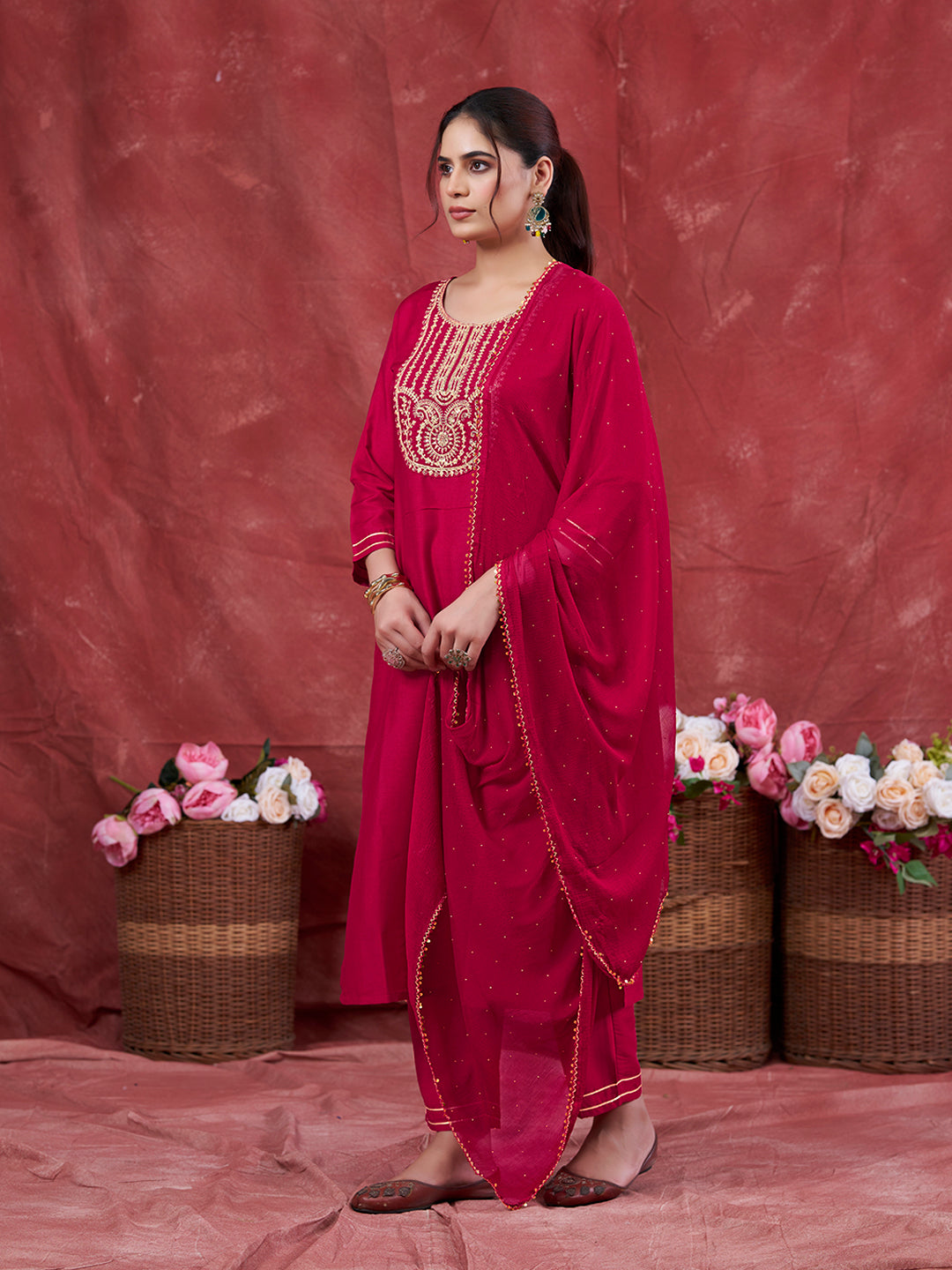 Rani Embroidered Chinon Kurta with Dupatta Set | Embroidered Kurta Set With Dupatta |leftside view
