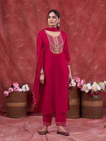 Rani Embroidered Chinon Kurta with Dupatta Set | Embroidered Kurta Set With Dupatta | frontside view