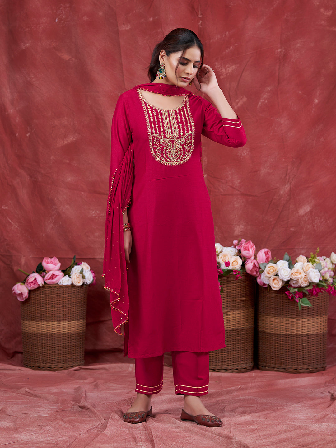 Rani Embroidered Chinon Kurta with Dupatta Set | Embroidered Kurta Set With Dupatta | frontside view