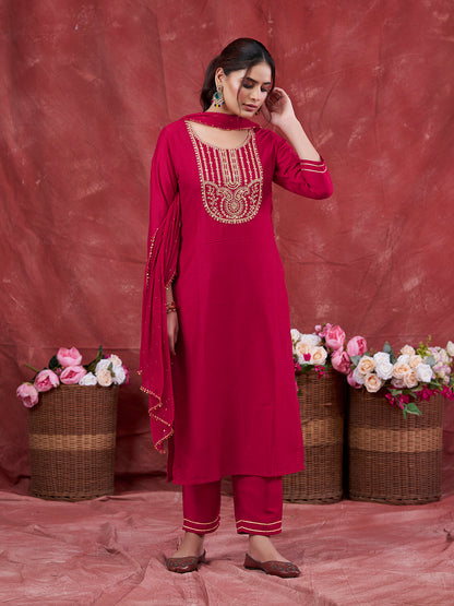 Rani Embroidered Chinon Kurta with Dupatta Set | Embroidered Kurta Set With Dupatta | frontside view