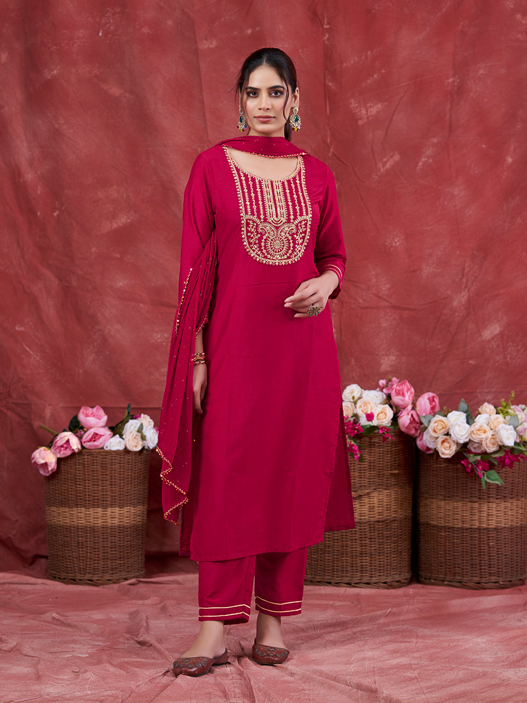 Rani Embroidered Chinon Kurta with Dupatta Set | Embroidered Kurta Set With Dupatta | frontside view