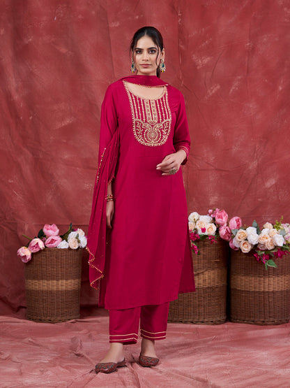 Rani Embroidered Chinon Kurta with Dupatta Set | Embroidered Kurta Set With Dupatta | frontside view