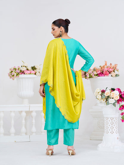 C-Green Embroidered Chinon Kurta with Dupatta Set | kurta sets for women | back side