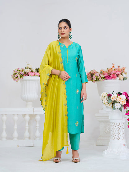 C-Green Embroidered Chinon Kurta with Dupatta Set | kurta sets for women | front full side