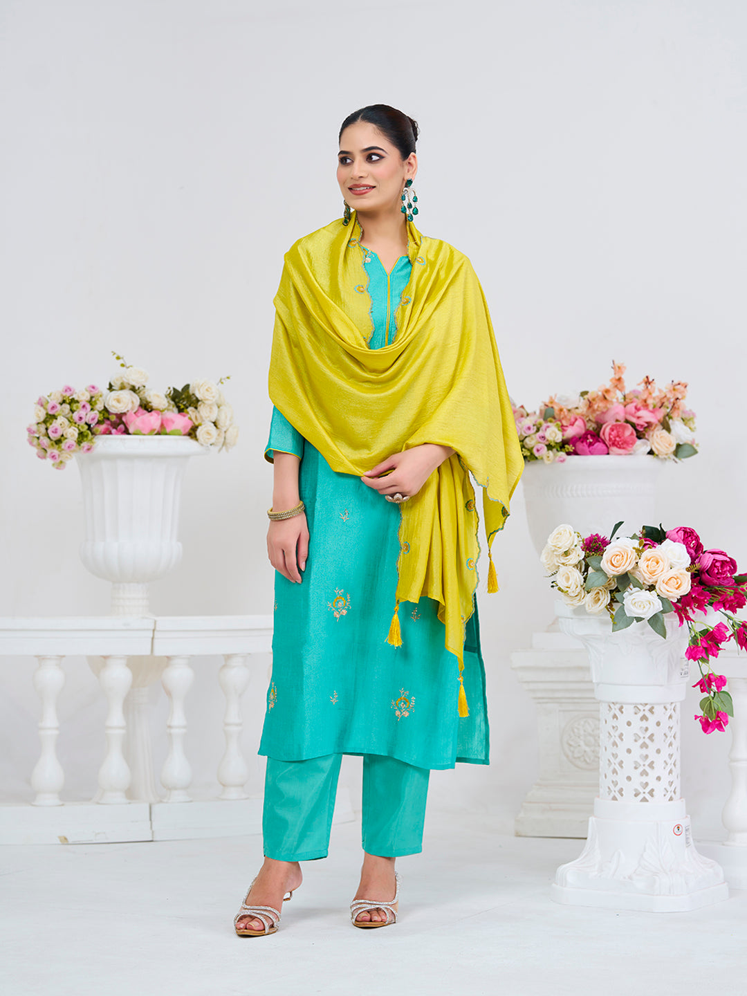 C-Green Embroidered Chinon Kurta with Dupatta Set | kurta sets for women