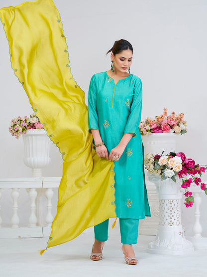 C-Green Embroidered Chinon Kurta with Dupatta Set | kurta sets for women