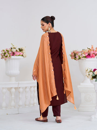Coffee Embroidered Chinon Kurta with Dupatta Set | Embroidered Kurta Set | back side