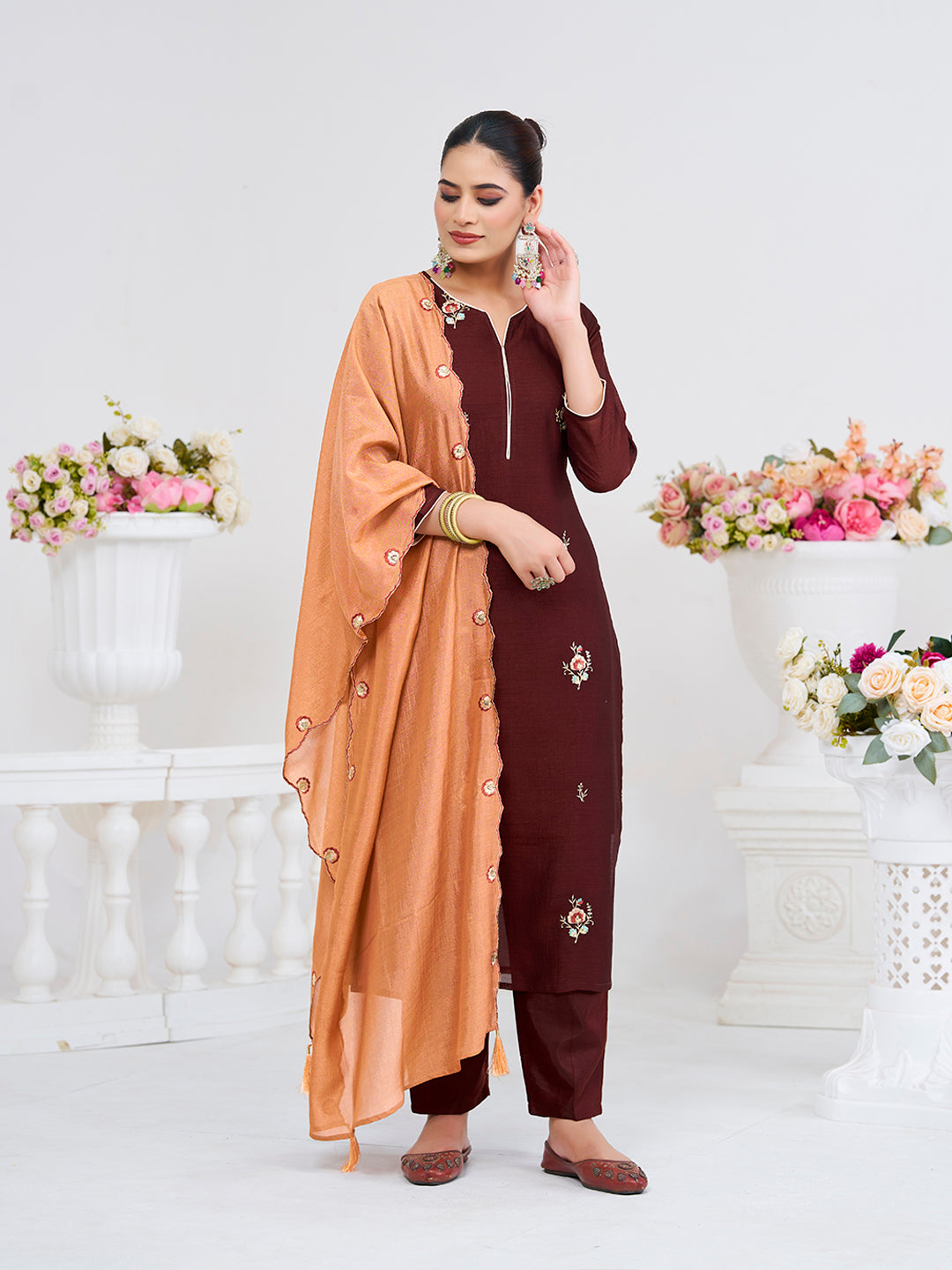 Coffee Embroidered Chinon Kurta with Dupatta Set | Embroidered Kurta Set | Left side dupatta