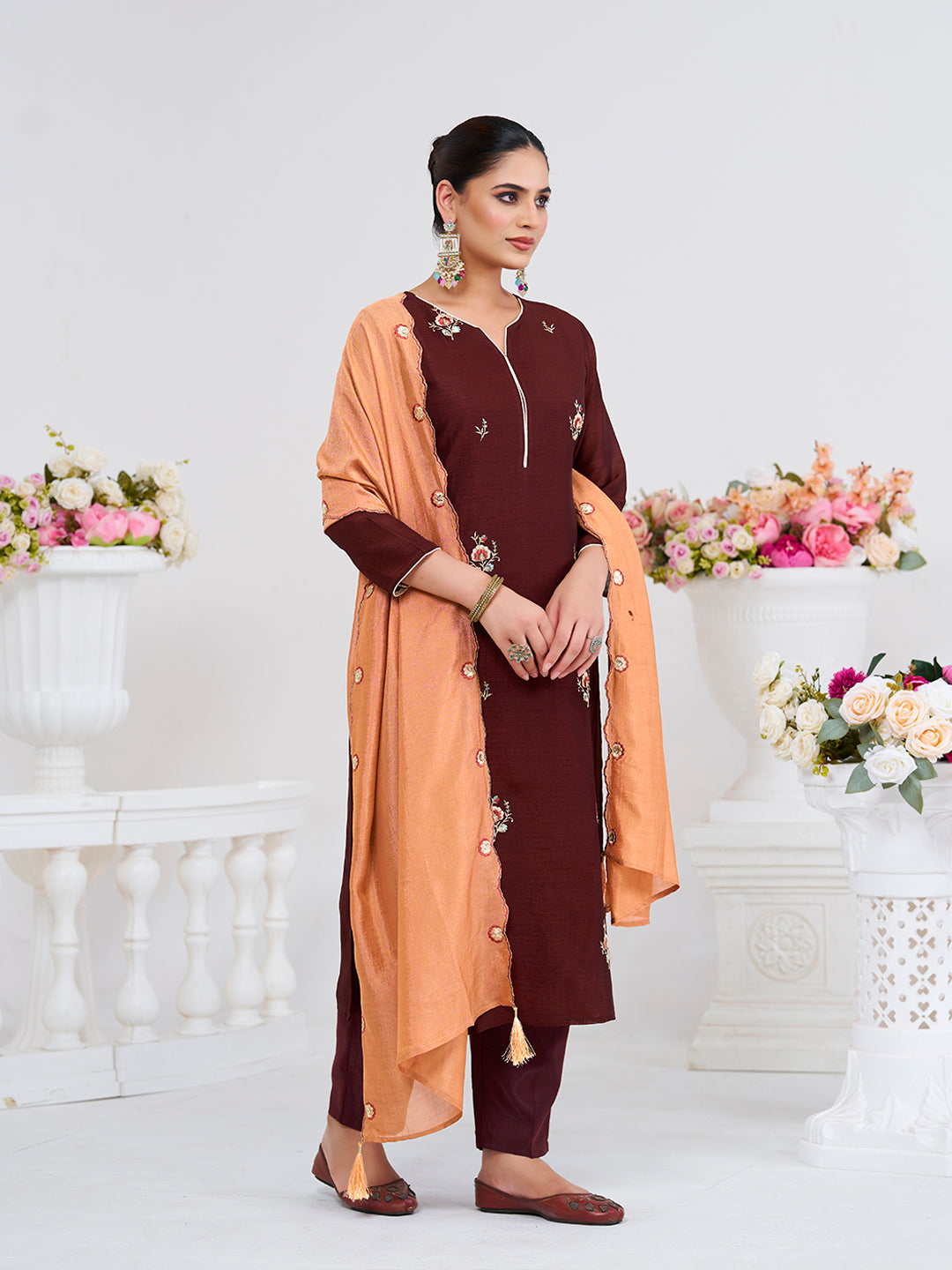 Coffee Embroidered Chinon Kurta with Dupatta Set | Embroidered Kurta Set | rightside view