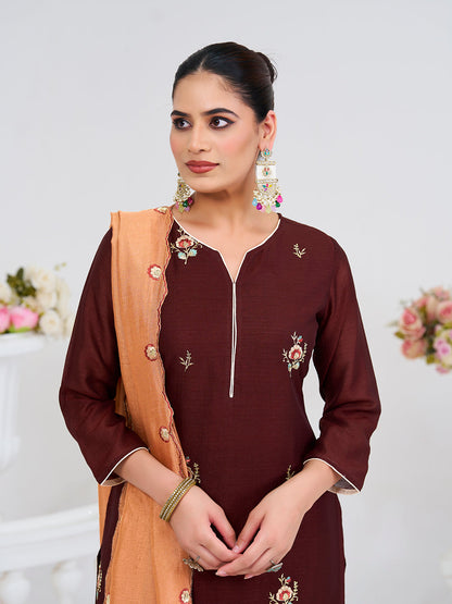 Coffee Embroidered Chinon Kurta with Dupatta Set | Embroidered Kurta Set | oneside dupatta view