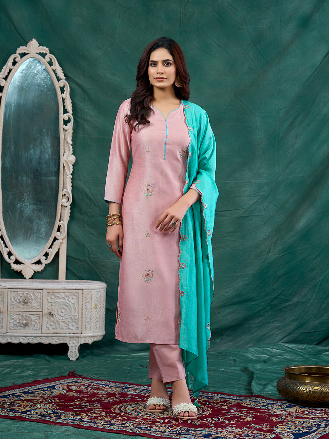 Rose Pink Embroidered Chinon Kurta with Dupatta Set |  Embroidered Kurta Set With Dupatta | frontside full view