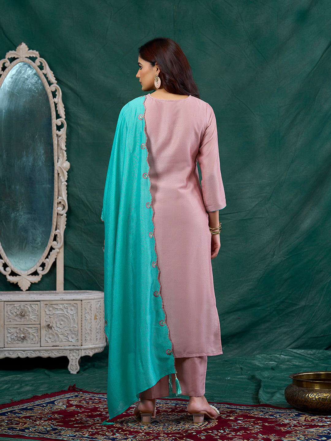 Rose Pink Embroidered Chinon Kurta with Dupatta Set |  Embroidered Kurta Set With Dupatta | back side
