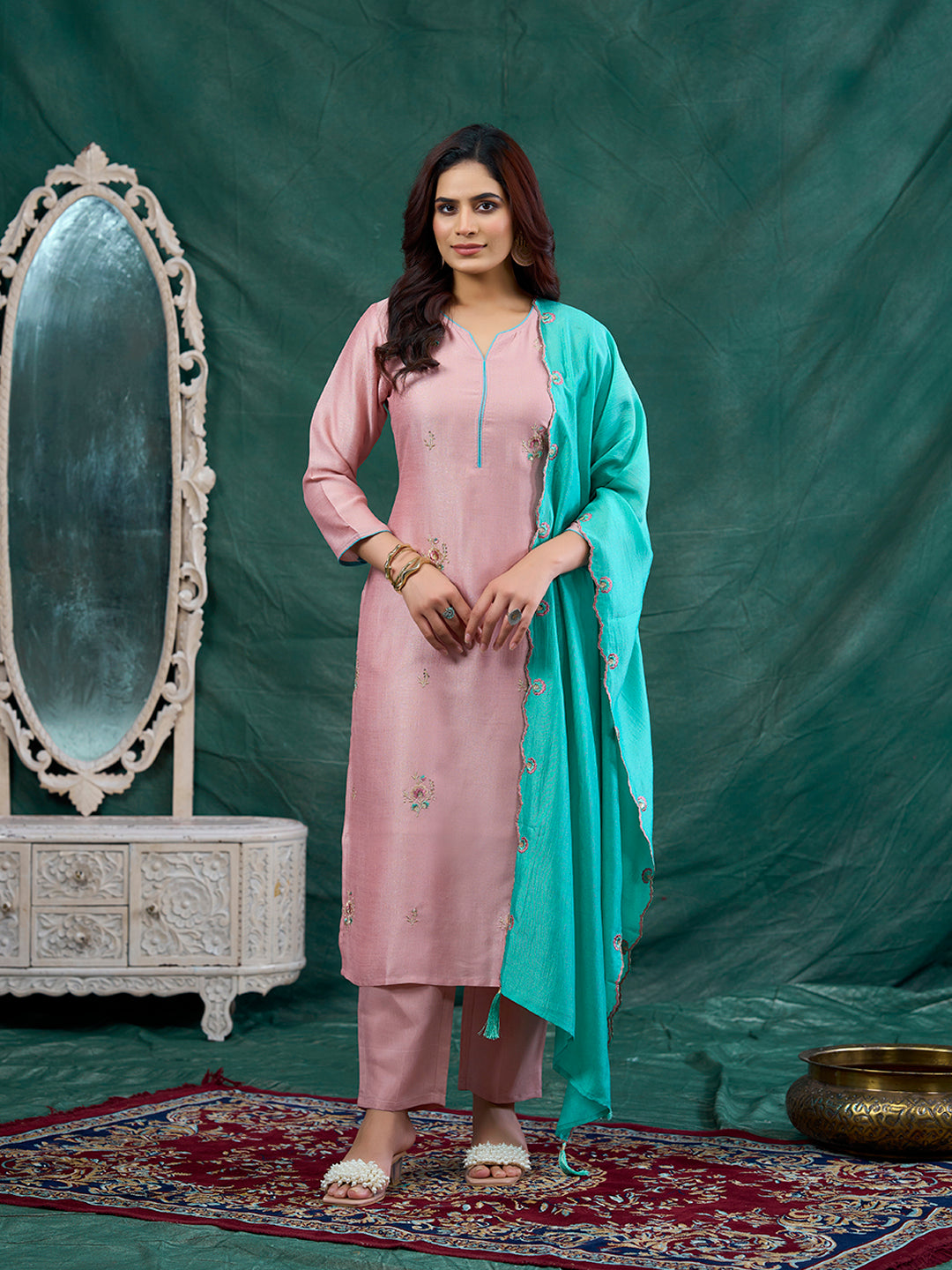 Rose Pink Embroidered Chinon Kurta with Dupatta Set |  Embroidered Kurta Set With Dupatta