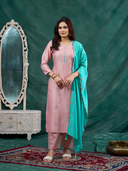 Rose Pink Embroidered Chinon Kurta with Dupatta Set |  Embroidered Kurta Set With Dupatta
