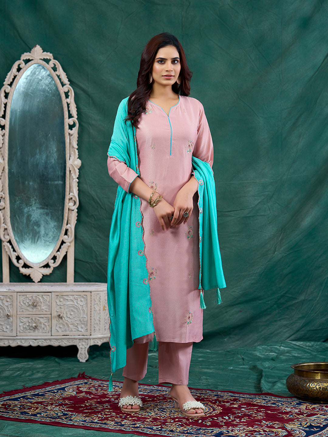 Rose Pink Embroidered Chinon Kurta with Dupatta Set |  Embroidered Kurta Set With Dupatta