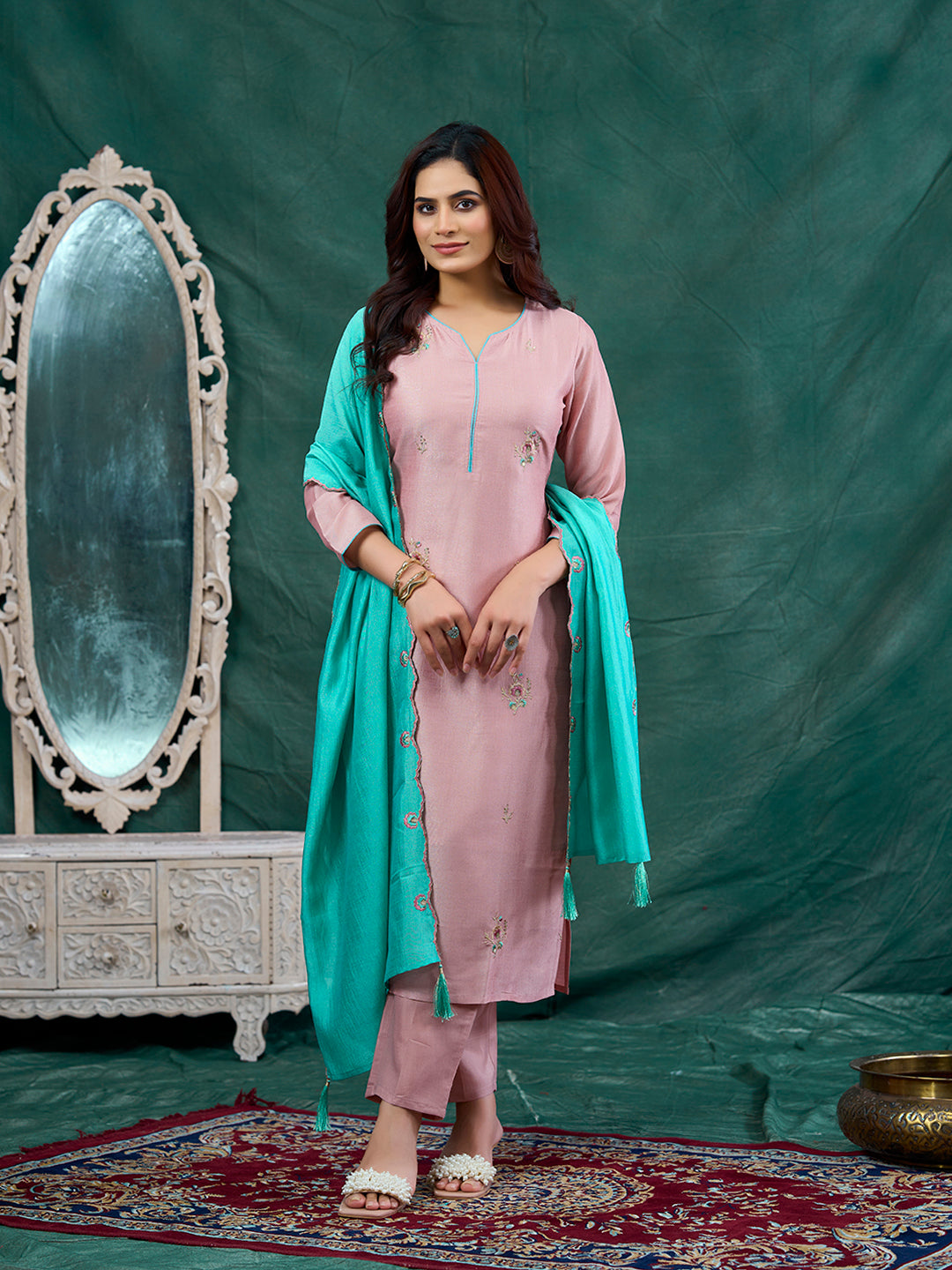 Rose Pink Embroidered Chinon Kurta with Dupatta Set |  Embroidered Kurta Set With Dupatta