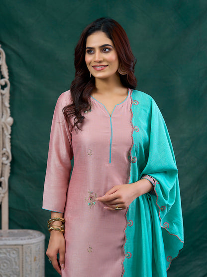 Rose Pink Embroidered Chinon Kurta with Dupatta Set |  Embroidered Kurta Set With Dupatta | oneside dupatta view