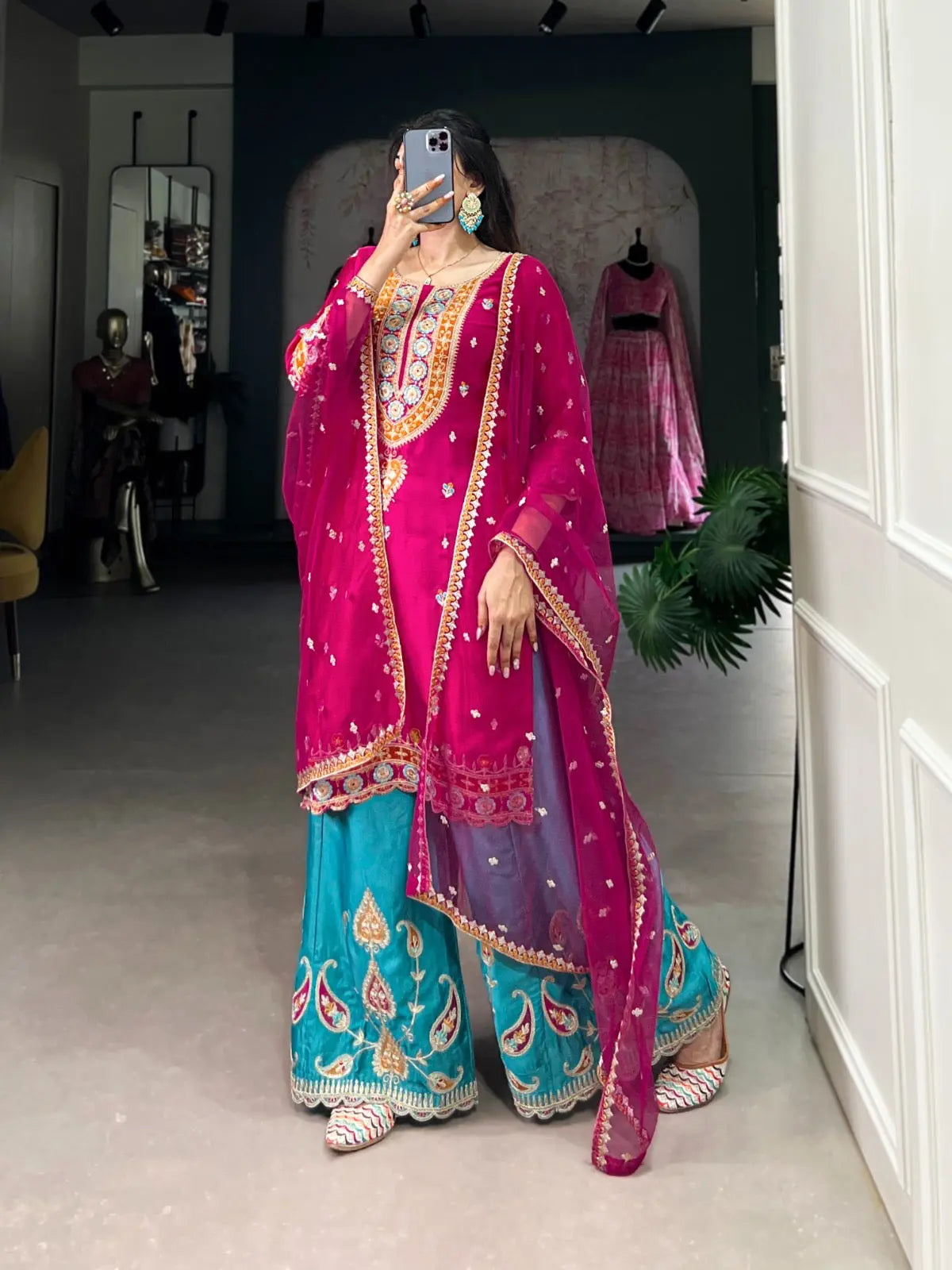 Ethenika Silk Sequence Embroidery Work Kurti Sharara Dupatta Set (Stitched) - Premium  from Ethenika.com  - Just INR 4990! Shop now at Ethenika.com 